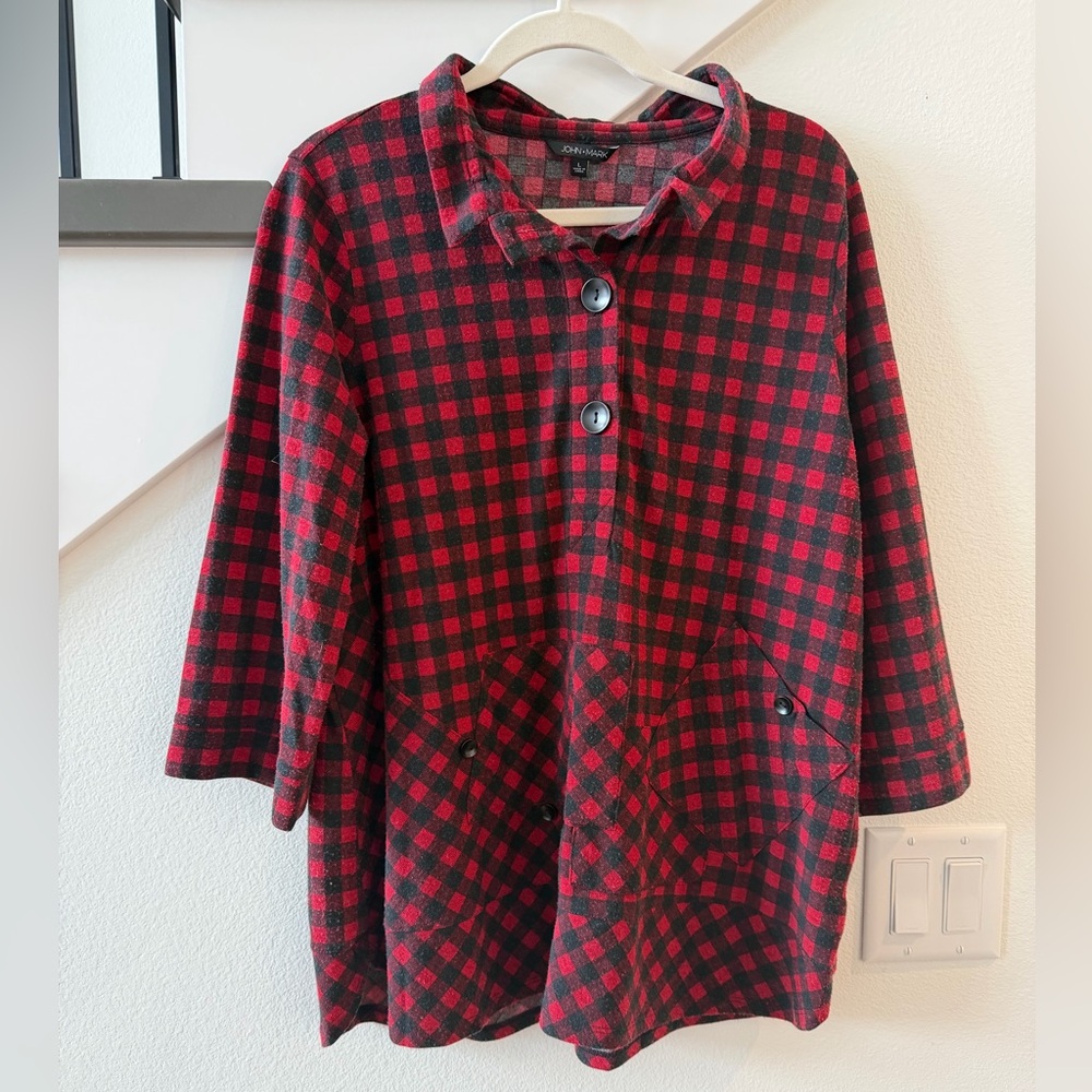 John Mark Red and Gray Plaid Top